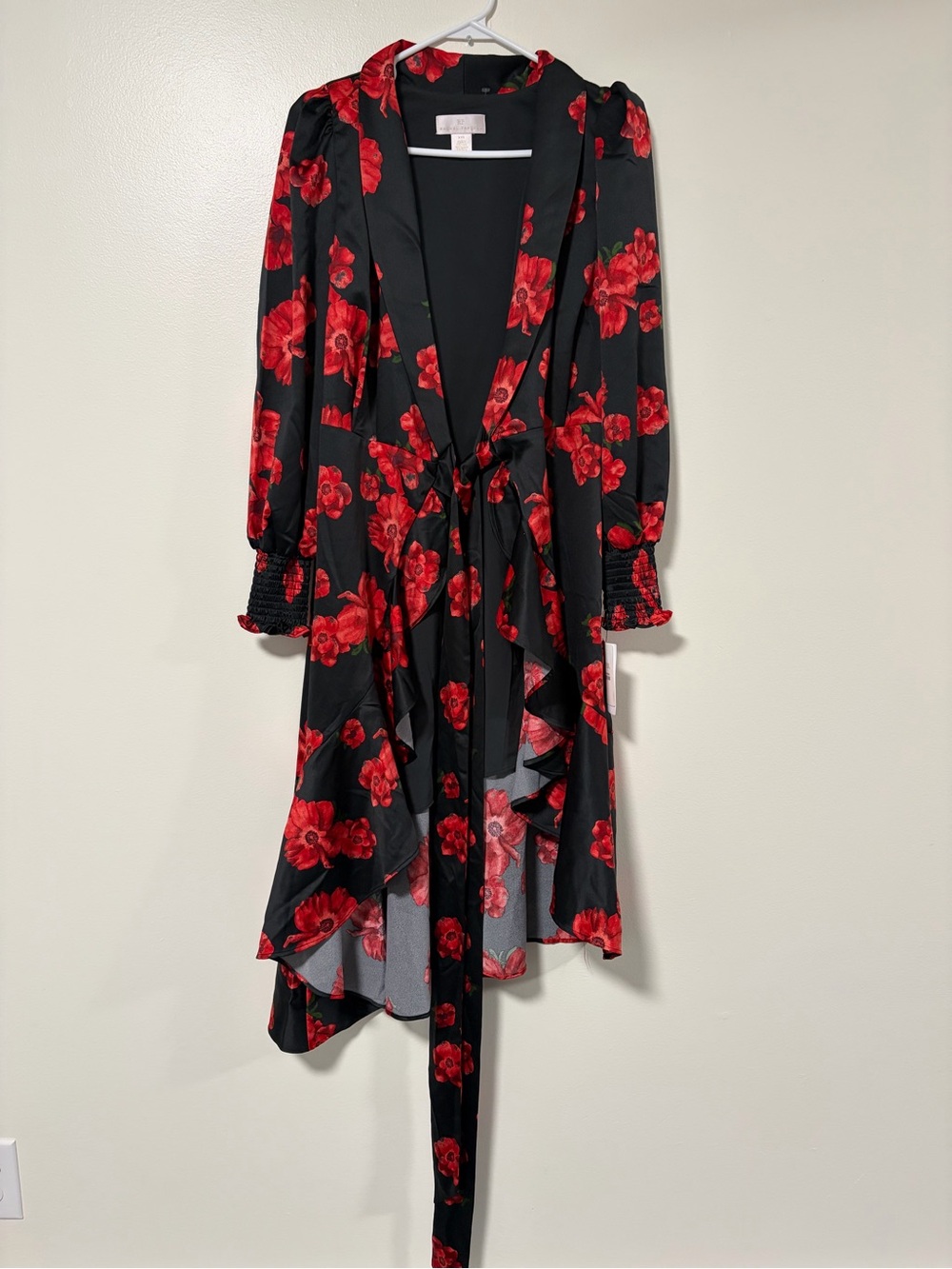 Rachael Parcell Floral Ruffle Wrap Dress - Red on Black